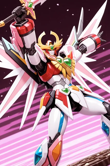 masterpiece,best quality,good quality,newest,(cinematic scene:1.5),(science fiction:1.5),(A-SRS:1.5),mecha,(mecha armor:1.2),(fighting:1.5),(holding weapon:1.5),growing eyes,8k professional epic,<lora:srdxl_v2_7_7_for_IllustriousXL_v01:0.8>, <lora:getsuyou_ga_tikaiyo_ilxl:0.9>getsuyou_ga_tikaiyo_ilxl, dancing, white and pink striped background, chocolate cake background, dutch angle, standing, one leg up , spread arms, arms up, cowboy shot