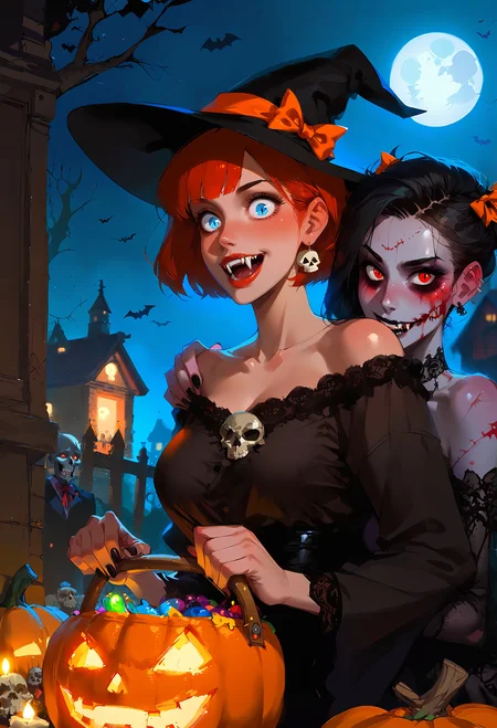 score_9, score_8_up, score_7_up, source_anime, rating_questionable,BREAK,2girls, halloween, halloween vibe, halloween costume, vampire, red hair, fangs, blue eyes, (surprised:1.3), zombie, black hair, red eyes, biting another's shoulder, grabbing from behind, party vibe, pumpkin, black nails, perfect features, full moon, aesthetically pleasing, pale skin, gothic, halloween bucket, grabbing shoulder, large breasts, skull decoration,, witch hat with orange bow and ribbon,bat \(animal\), skeleton in tuxedo in background,
detailed,
<lora:Pony_DetailV2.0:2.0> <lora:ALTXL_pony_0061_8:0.8>, <lora:hand 4:0.8> Hand , <lora:Expressive_H:0.55> Expressiveh, <lora:incase-ilff-v3-4:0.45> <lora:OtherStyle_03:0.4> , <lora:d3p1x3lXLP:0.4> d3p1x3l , <lora:MythP0rtr4itStyle:0.7> mythp0rt,