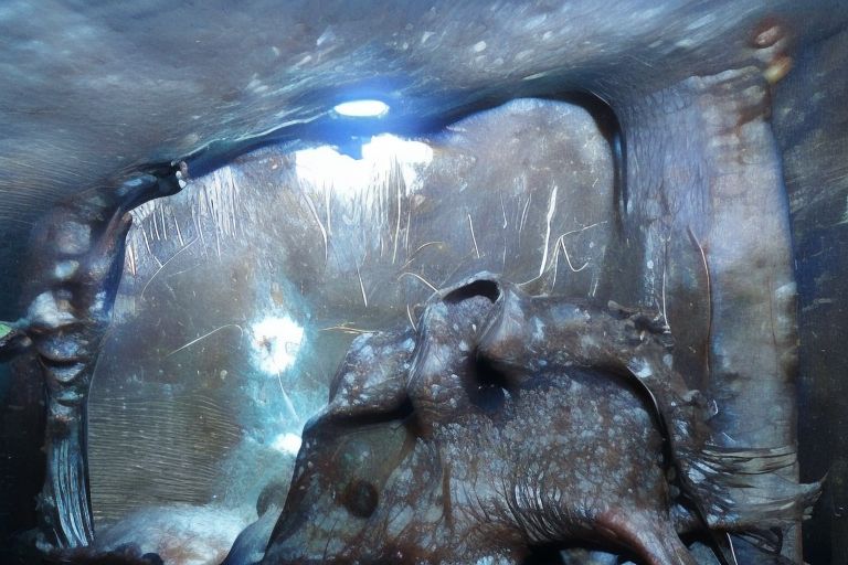 a mystical abstract organism that create a medieval knight armor in a dark and strange cave,dark, horror, obscure, mystic, mystical, splatter, organic, realistic, real, hyper realism
