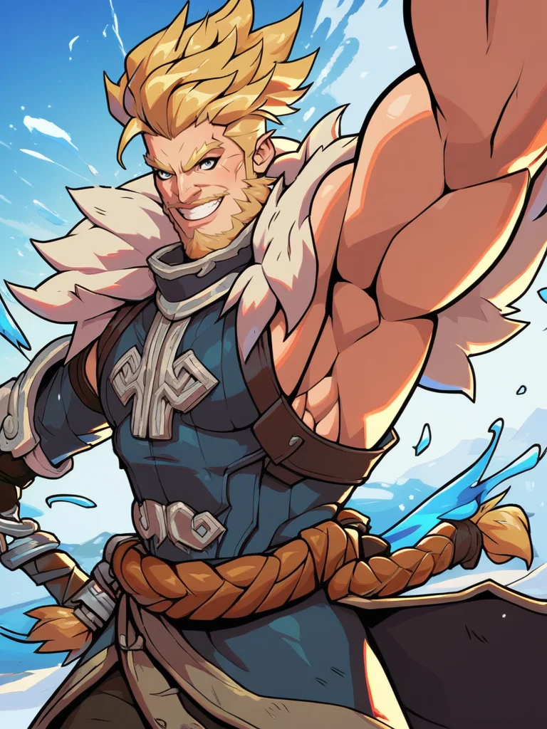 score_9, score_8_up, score_7_up, warrior, muscular male, winter clothes, big beard, cool, from side, epic pose, muscular, evil smile, splash art, blonde hair, viking, pants, looking at viewer, cowboy shot, dynamic pose, smile, cute, wide shot, solo, dutch angle,
<lora:2XKO_style:1>, 2XKO, wide shot,