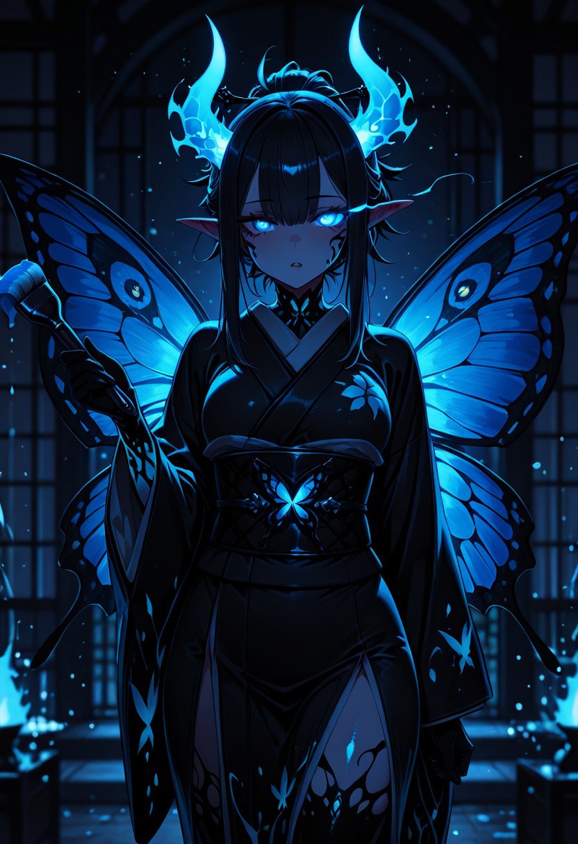 masterpiece, sharp detail, intricate detail, 1girl, masterpiece, amazing quality, best quality, ultra-detailed, 8K, illustrating, CG, bioluminescent skin, ultra-detailed-eyes, detailed background, cute girl, eyelashes, lowlight
BREAK
sexy, slutty, hot, aroused, 
Leanan Sidhe, butterfly wings, paint brush, paint splashes
BREAK
(EyesHD:1.2), (4k,8k,Ultra HD), masterpiece, best quality, ultra-detailed, very aesthetic, sharp focus, depth of field, ray tracing, best lighting, detailed illustration, detailed background, cinematic, beautiful face, beautiful eyes, 
BREAK
detailed background, eyelashes, erotic, looking seductive, coy. dynamic action image, detailed face, detailed eyes, direct mesmerizing gaze, 
BREAK
glowing eye, glowing eye trails, japanese clothes, kimono, glowing, looking at viewer, obi, sash, horns, glowing horns, particles, glowing particles,