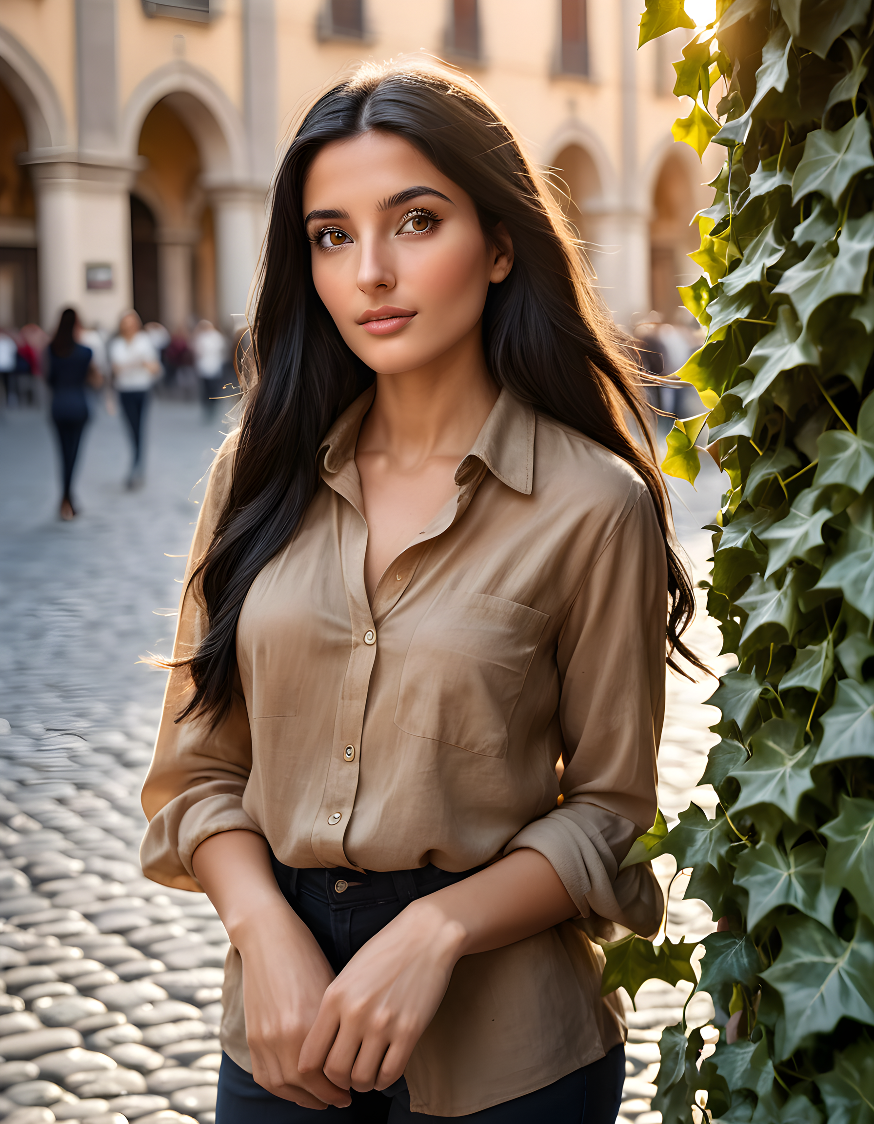 In a vibrant, sunlit Italian piazza adorned with the soft glow of afternoon light filtering through the cobblestone streets and ivy-covered buildings, stands a striking woman named N4NCYJMM. Her long, cascading black hair frames her expressive brown eyes, which meet the viewer's gaze directly, as she wears a simple yet elegant brown shirt. The camera captures this intimate moment from a slightly elevated angle, focusing on her captivating portrait against the bustling, picturesque backdrop of the piazza.