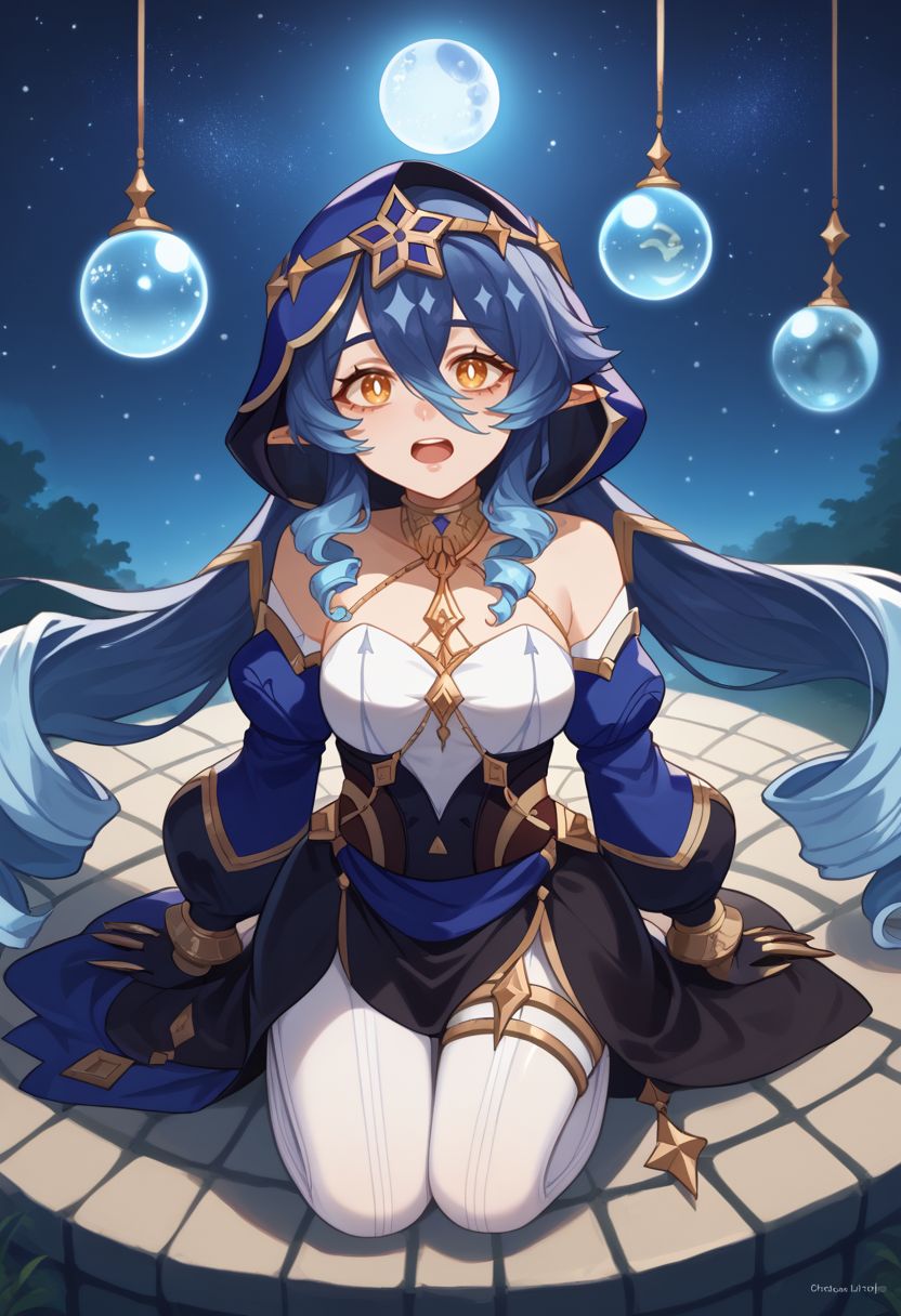 score_9, score_8_up, score_7_up, source_anime, 1girl, layladef, blue hair, yellow eyes, drill hair, hair between eyes, drill sidelocks, twin drills, pointy ears, blue hood, jewelry, neck ring, bare shoulders, detached sleeves, juliet sleeves, puffy long sleeves, claw ring, black gloves, white pantyhose, bags under eyes, thighlet, light smile, surprised, open mouth, exhausted, wariza, kneeling, (looking up), outdoors, starry sky, moon, night, orb, close-up, from above, <lora:Layla_v1-000010:1>