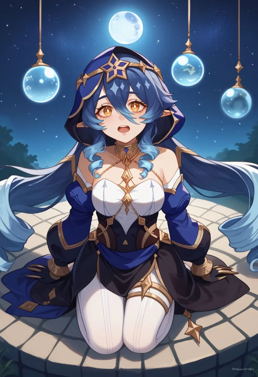 score_9, score_8_up, score_7_up, source_anime, 1girl, layladef, blue hair, yellow eyes, drill hair, hair between eyes, drill sidelocks, twin drills, pointy ears, blue hood, jewelry, neck ring, bare shoulders, detached sleeves, juliet sleeves, puffy long sleeves, claw ring, black gloves, white pantyhose, bags under eyes, thighlet, light smile, surprised, open mouth, exhausted, wariza, kneeling, (looking up), outdoors, starry sky, moon, night, orb, close-up, from above, <lora:Layla_v1-000010:1>