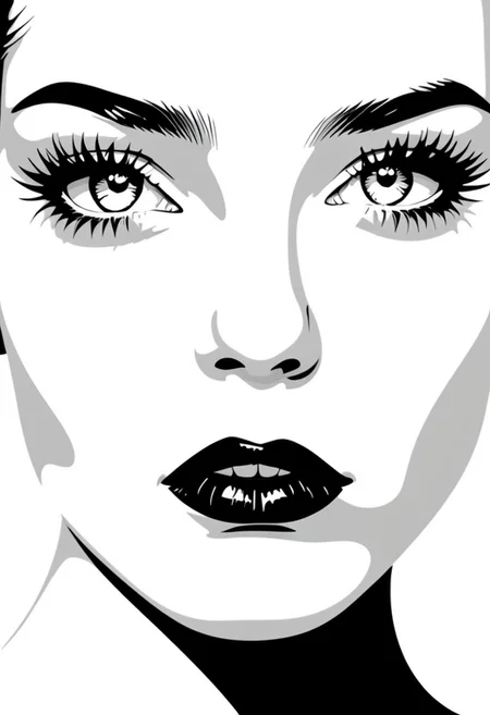 psztzz, solo, 1girl, monochrome, eyelashes, lips, looking at viewer, white background, simple background, close-up, portrait, portrait, vector art, flat coloring, cel shaded, cel shading, illustration, vector illustration, vector coloring