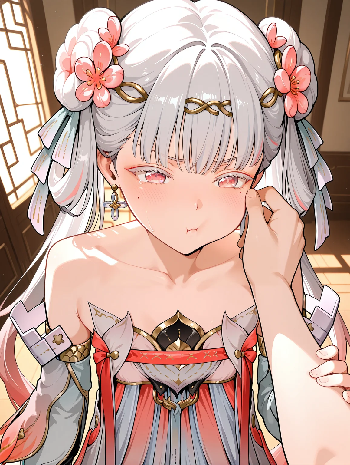 1girl, jinhsi:TaoYaoZhuoZhuo\(wuthering waves\),red eyes,peach blossom pupils,mole,mole under eye,flower,peach blossom,hair bun,double bun,hair ornament,hair flower,hair ribbon,ribbon,jewelry,grey hair,long hair,earrings,wiping tears, 
collarbone,bare shoulders,armlet,dress,detached sleeves,
,legs apart, blush, 
 , pout, indoors, holding another's arm, 
pov, pov hands,  
,masterpiece,best quality,amazing quality, <lora:xl-ill-jinhsi_TYZZ(wuthering waves)v1-000010:1.0>