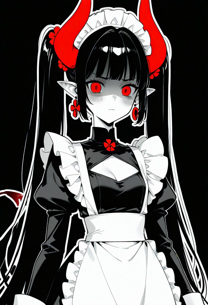 (black background, blunt bangs, monochrome, outline, shaded face, dangle earrings, greyscale, skindentation, small breasts, standing), 1girl, apron, black dress, black hair, blush, breasts, cleavage, cleavage cutout, closed mouth, clothing cutout, cowboy shot, demon girl, (curwed horns), demon tail, dress, forehead, frilled apron, frills, hair ornament, (red flower hair ornament), horns, juliet sleeves, long hair, long sleeves, (close up), looking at viewer, maid, maid apron, maid headdress, pointy ears, puffy sleeves, (red eyes, red horns), skindentation, solo, twintails, very long hair