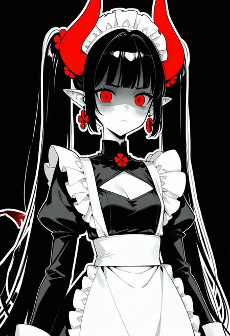 (black background, blunt bangs, monochrome, outline, shaded face, dangle earrings, greyscale, skindentation, small breasts, standing), 1girl, apron, black dress, black hair, blush, breasts, cleavage, cleavage cutout, closed mouth, clothing cutout, cowboy shot, demon girl, (curwed horns), demon tail, dress, forehead, frilled apron, frills, hair ornament, (red flower hair ornament), horns, juliet sleeves, long hair, long sleeves, (close up), looking at viewer, maid, maid apron, maid headdress, pointy ears, puffy sleeves, (red eyes, red horns), skindentation, solo, twintails, very long hair