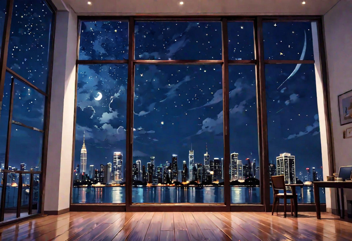 ((((front view)))), Shallow scene, ((animation style)), (((City high-rise building scenery))), ((((City scenery outside the window)))), ((sense of mystery)), (night), starry sky, moonlight, (weak light), (Facing the window), (open window), modern-style interior, Wooden floor, with white walls, (large windows), a living room, sofa and coffee table by the window sill,  (((Sofa placed horizontally))), (Behind the sofa is the window sill),