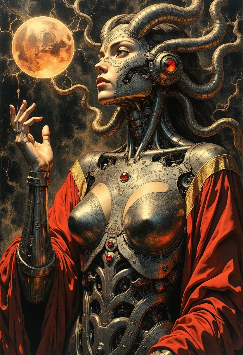 An impressionist classical-style painting rendered with ultra-realistic detail and cinematic composition, capturing a highly stylized, dynamic scene featuring an androgynous figure with a striking, futuristic aesthetic. The artwork is presented at a dramatic Dutch angle, creating a sense of motion and tension that enhances the otherworldly, surreal atmosphere. The composition is intricate and layered, blending advanced biomechanical elements with regal elegance, all enveloped in atmospheric, eye-catching lighting that evokes a sense of mystery and power.
The figure stands with regal poise, exuding an air of authority and enigmatic allure. Their build is slender and athletic, with small to medium-sized breasts and a flat, toned abdomen, perfectly balanced between feminine grace and masculine strength, emphasizing their androgynous beauty. Their posture is commanding, with shoulders squared and chin slightly raised, exuding confidence and power.
Their skin is entirely covered in intricate, metallic gold scales that shimmer and glisten under the dramatic lighting. Each scale is exquisitely detailed, overlapping in harmonious patterns that ripple across their body like living armor. The scales reflect light with a mesmerizing, iridescent sheen, shifting between golden and bronze hues depending on the angle. This creates a biomechanical or alien appearance, as if their body were crafted from a divine, otherworldly metal. The texture is both smooth and segmented, giving the illusion of fluid motion as they stand perfectly still, enhancing the surreal, futuristic aesthetic.
Their eyes are strikingly intense, glowing with the brilliance of polished red gemstones. The crimson orbs are sharp and angular, set deep within their sculpted face, piercing through the darkness with an eerie, hypnotic gaze. The eyes are inhumanly flawless, reflecting light like perfectly cut rubies, adding an air of supernatural power and menace.
Their face is partially obscured by a metallic, insect-like mask that covers their nose and mouth. The mask is an intricate work of art, crafted from dark, gleaming metal adorned with swirling, labyrinthine patterns that weave across its surface like ancient runes or alien circuitry. The design is delicate yet menacing, blending elegance with an ominous, predatory allure. In the center of the forehead, embedded within the mask, is a glass eye that reflects light with an otherworldly glow. The glass eye is perfectly spherical, its surface swirling with a faint, hypnotic mist, suggesting an ancient, mystical power.
From the sides of the mask, two large, intricately carved, curved horns protrude, arching gracefully upward. The horns are meticulously detailed, engraved with elaborate patterns that spiral around their length, reminiscent of celestial constellations or cosmic vines. Their sharp tips curve inward menacingly, contrasting beautifully with the graceful arcs and adding an element of danger to the figure's elegant poise. The horns gleam with a dark metallic sheen, catching the atmospheric light and enhancing the haunting, otherworldly aura.
The figure is dressed in a metallic, jeweled bra that fits snugly against their toned torso, accentuating their athletic build. The bra is crafted from interwoven gold and silver filigree, encrusted with crimson gemstones that glisten with an internal fire, matching the intensity of their gemstone eyes. The intricate design is both regal and futuristic, combining elements of ancient royalty with avant-garde, alien fashion.
Draped over their shoulders is a royal red and gold robe that flows elegantly around their body, cascading to the ground in rich, luxurious folds. The fabric is impossibly fine, shimmering with a satin-like gloss that reflects light in dynamic waves. The robe is adorned with intricate golden patterns along the edges, resembling ancient hieroglyphs or celestial constellations, enhancing their majestic presence. The vibrant red fabric billows softly around them, caught in a gentle, invisible breeze, creating a sense of movement and drama.
Their right hand is raised with fingers bent gracefully backward, as if guiding or controlling the object above. Hovering above their outstretched hand is a large, intricately engraved, glass orb that floats effortlessly in midair. The orb is transparent, yet its surface is etched with swirling patterns that glow faintly with a golden light, resembling flowing cosmic energy. Inside the orb, swirling mist and flickering lights dance chaotically, creating the illusion of a miniature galaxy contained within glass. The orb casts faint, shifting reflections on the metallic scales of their arm, enhancing the surreal, mystical atmosphere.
The background is an awe-inspiring composition of interlocking, mechanical patterns that resemble ancient, futuristic technology. The complex layers of gears, circuits, and celestial symbols intertwine seamlessly, forming a vast, labyrinthine network that stretches infinitely into the darkness. The mechanical patterns are textured and detailed, reflecting light with a subtle metallic sheen. Some of the gears and circuits are faintly illuminated with a soft, golden glow, pulsating rhythmically as if alive with ancient energy. The background is partially obscured by atmospheric shadows and swirling mist, creating a sense of depth and dimension that enhances the dynamic, cinematic composition.
The lighting is meticulously crafted with a realistic, atmospheric quality that enhances the haunting, otherworldly ambiance. Dark, eye-catching shadows dance across the metallic surfaces, contrasted by intense, focused highlights (0.8 intensity) that emphasize the curves and edges of the scales, horns, and mechanical patterns. The play of light and shadow is dynamic and dramatic, sculpting the figure’s form with chiaroscuro effects that enhance the sense of power and mystery.
The color palette is dominated by deep blacks, fiery reds, and rich golds, creating a striking contrast between the luminous orb and the shadowy background. The subtle, realistic film grain and delicate bokeh effect add a vintage, cinematic quality to the painting, enhancing the depth of field and focusing the viewer’s gaze on the androgynous figure’s hauntingly beautiful form.
This impressionist classical-style painting is a masterful blend of ultra-realistic detail, dynamic composition, and surreal, futuristic aesthetics. It captures the regal, otherworldly presence of the androgynous figure amidst an ancient, mechanical realm, embodying an aura of power, mystique, and divine elegance.