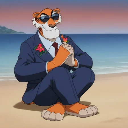 beach, red necktie, Smile, full body, sunglasses, parody, furry male, flower, black necktie, own hands together
