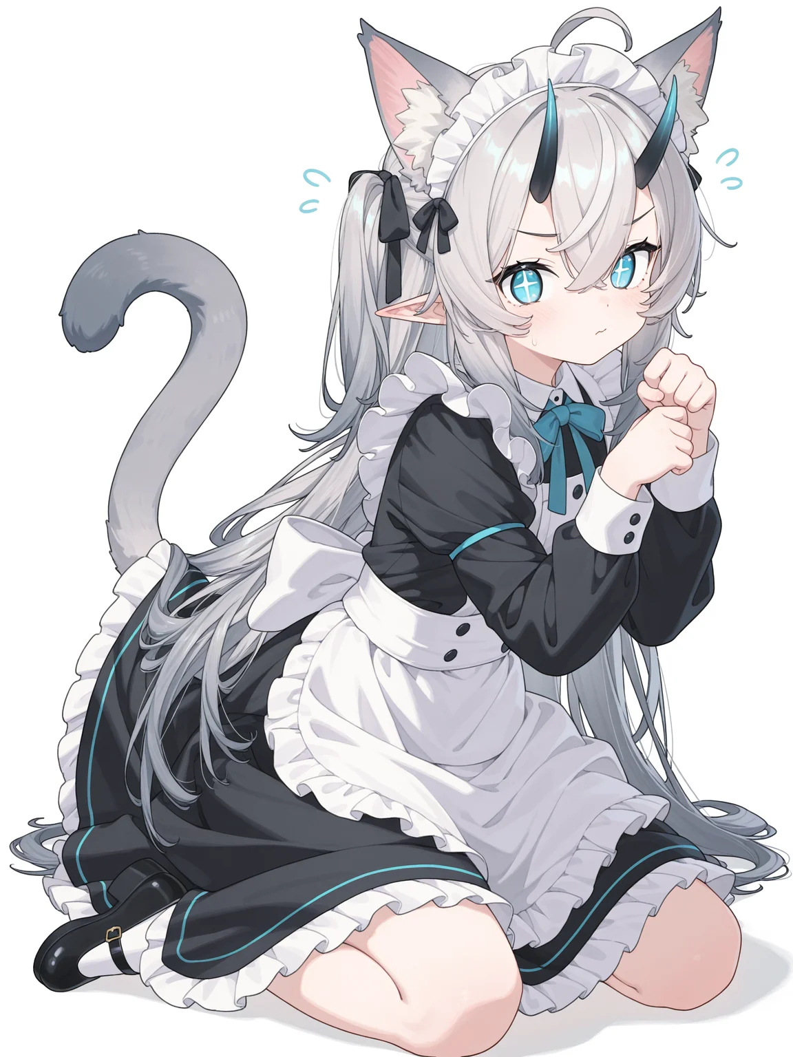 <lora:cuite:1>,Ñute girl,cat ears,+_+,blue eyes,grey hair,long hair,5 fingers,cat tail,maid,full body,