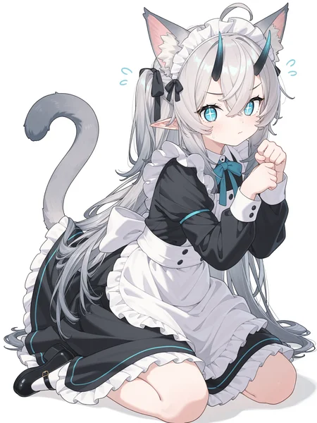 <lora:cuite:1>,Ñute girl,cat ears,+_+,blue eyes,grey hair,long hair,5 fingers,cat tail,maid,full body,