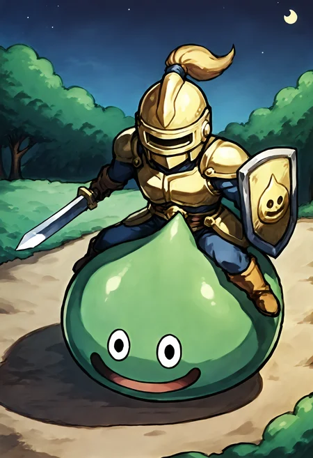 score_9,score_8_up,score_7_up,best quality,masterpiece,super detailed,extreme detailed,full_body,zPDXL BREAK forest,night,
<lora:Pony_DetailV2.0:1>,slime knight,slime_(dragon_quest),armor,helmet,holding shield,holding sword,knight,<lora:slime knight-v2:0.8>,riding,sprint,