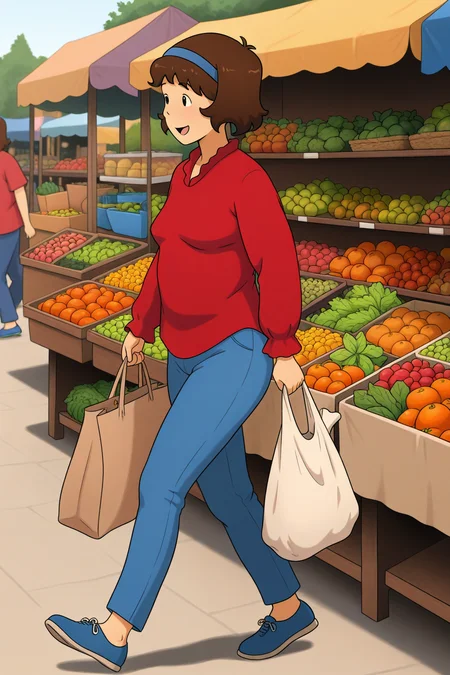 masterpiece, best quality, amazing quality, absurdres, solo, cailloudoris, smile, open mouth, walking, holding bag, shopping, looking away, short brown hair, blue hairband, red shirt, blue pants, blue shoes, outdoors, market, fruits, vegetables