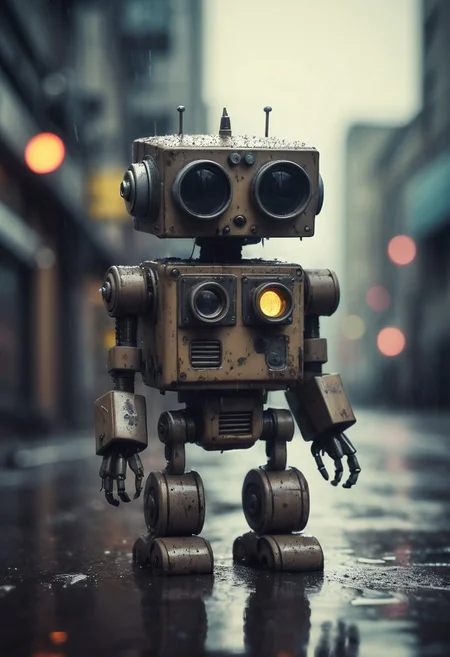 Small robot, rectangular body, flexible arms, treaded wheels, compact head, expressive binocular-like eyes, sad and curious appearance, heartbreaking, cute, heavy rain, very sad, lonely, lost place, cyberpunk, desaturated, vibrant colors, dramatic lighting, desaturated background, bokeh, dark theme, soothing tones, depth of field, dramatic backlighting, film grain,