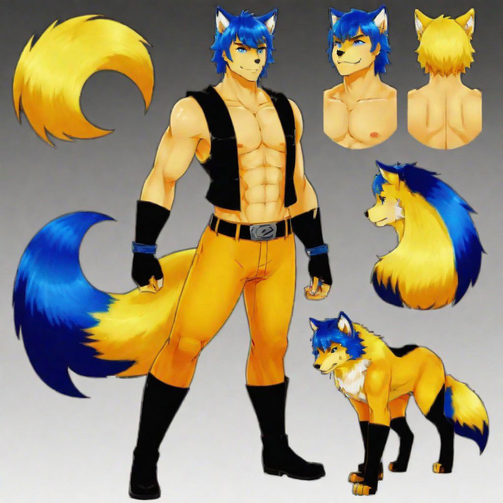 solo, blue eyes, gloves, 1boy, animal ears, blue hair, two tone tail, ( yellow, blue tail fur) full body, male focus, nude, handsome pose, wolf face, fox ears, muscular, fox tail, abs, furry, furry male, character sheet, ref sheet, presenting penis, humanoid genitalia, foreskin, erect, saggy balls, sweaty genitalia, glistening genitalia, cum while flaccid, genital fluids, claws,  smile, black body, black skin, two tone body