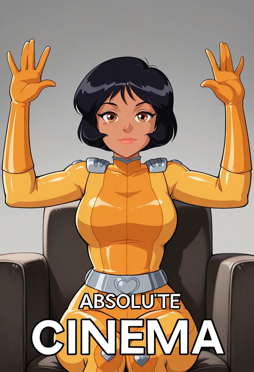masterpiece, best quality, good quality, 1girl, solo, cartoon, parody, official style, alex_totally_spies, short hair, black hair, brown eyes, dark-skinned female, yellow bodysuit, sexy, large breasts, wide hips, beautiful, detailed, high detailed, very beautiful, detailed face, detailed eyes, detailed hand, abstract background, <lora:absolute-cinema-illustriousxl-lora-nochekaiser:1>, absolute cinema, greyscale, monochrome, solo, sitting, looking at viewer, grey background, english text, subtitles, hands up, black and white