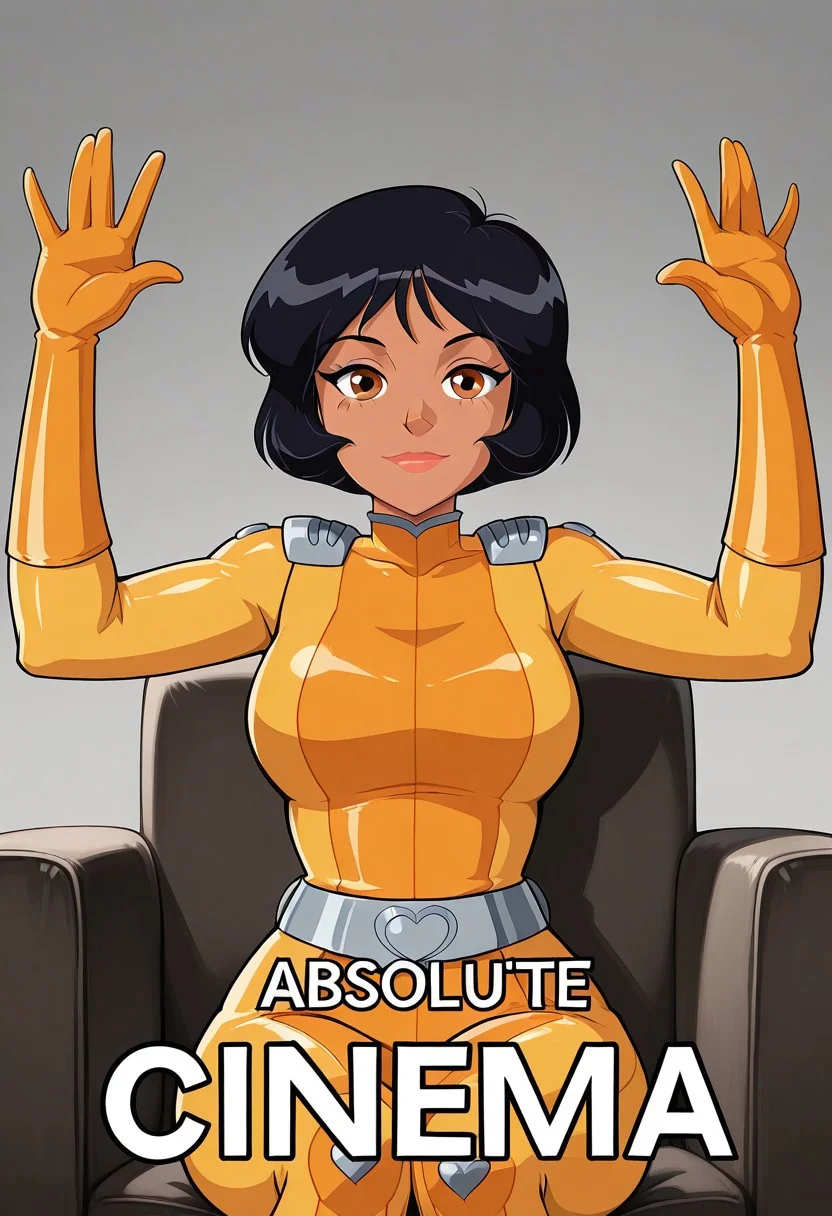 masterpiece, best quality, good quality, 1girl, solo, cartoon, parody, official style, alex_totally_spies, short hair, black hair, brown eyes, dark-skinned female, yellow bodysuit, sexy, large breasts, wide hips, beautiful, detailed, high detailed, very beautiful, detailed face, detailed eyes, detailed hand, abstract background, <lora:absolute-cinema-illustriousxl-lora-nochekaiser:1>, absolute cinema, greyscale, monochrome, solo, sitting, looking at viewer, grey background, english text, subtitles, hands up, black and white