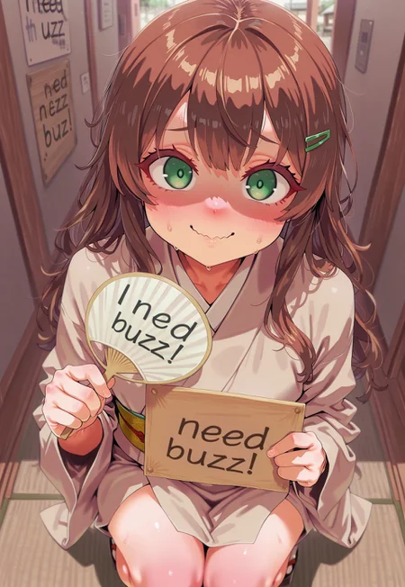 kitsune girl wearing kimono, solo, (holding fan with one hand), (hand and fan behind her body), ((need_buzz)), (holding sign with another hand), shaded face, fake smile, nervous sweat, wavy mouth, green eyes, brown hair, japanese hair clip, long hair, single side lock, squatting, looking at viewer, ((8k, Ultra HD)), (foreshortening:2), depth of field, ((Detailed background :1.5)), ((Masterpiece)), ((Best quality)), ((Detailed)), amazing quality, very awa, highres, absurdres, anime, contrapposto, artist:asanagi, from above,