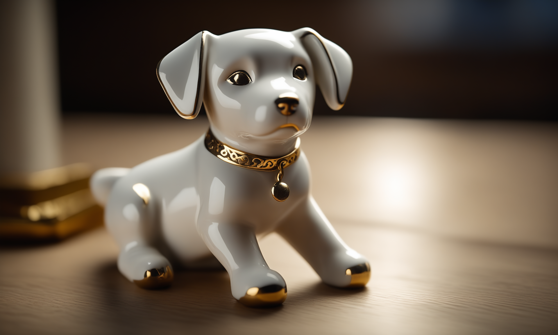 cinematic film still <lora:pcporcelaincd_xl-000006:0.7>,a handmade model toy of a dog made of (pcporcelaincd_xl,porcelain,white theme,gold lacquer,shiny:1.3) in office,no humans,long-focus,tilt-shift,indoors,full body,chinese zodiac,wooden table,cutie,cute,still life,animal statue,front view,facing viewer,looking at viewer . shallow depth of field, vignette, highly detailed, high budget, bokeh, cinemascope, moody, epic, gorgeous, film grain, grainy, 8K, HDR, UHD, masterpiece, best quality, highly detailed, high resolution, finely detail, extremely detailed, ultra detailed, wallpaper
