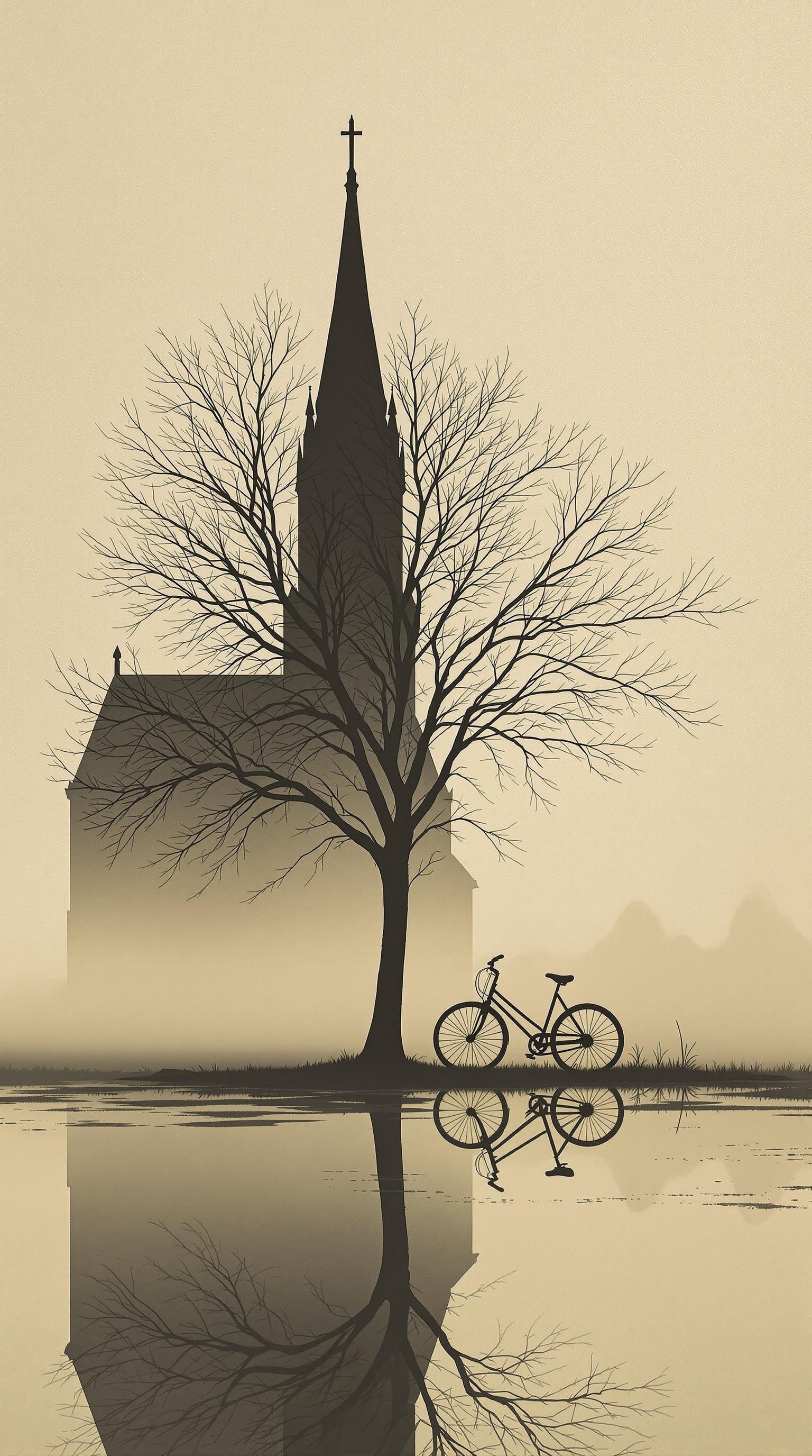 An early English Gothic church leans against a bare tree in a minimalist sepia-toned scene. The church, dark and silhouetted, is in an area with fog reflecting its shape. The tree branches stretch out against a textured light beige background. The scene is serene and evokes a sense of quiet reflection. The soft, diffused light gives a calm, melancholic mood. The shallow depth of field, focusing on the bicycle, tree, and puddle reflections in the foreground, creates a tranquil atmosphere. The overall style of the image is photographic with subtle, painterly elements. Light sepia tones of light beige and dark brown. Highly detailed grayscale image with a soft texture.
