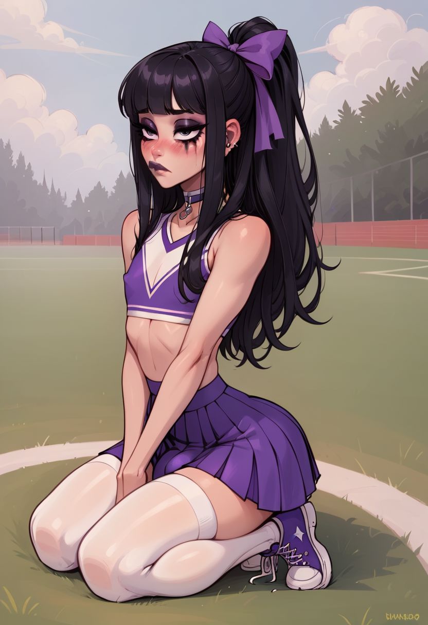 score_9, score_8_up, score_7_up, 1femboy, trans, dyed black hair, straight bangs, long hair, straight hair, goth, beautiful girl, blush, flat chest, bulge, (perfect eyes:1.4), goth, cheerleader, purple skirt, cheerleader top, athletic field, bored, folded arms, white thigh highs, sneakers, goth makeup