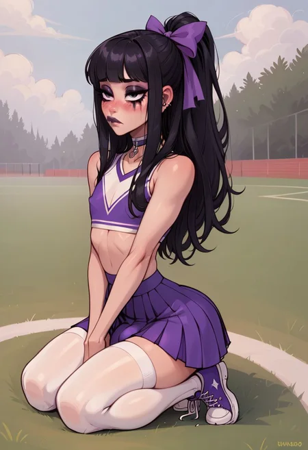score_9, score_8_up, score_7_up, 1femboy, trans, dyed black hair, straight bangs, long hair, straight hair, goth, beautiful girl, blush, flat chest, bulge, (perfect eyes:1.4), goth, cheerleader, purple skirt, cheerleader top, athletic field, bored, folded arms, white thigh highs, sneakers, goth makeup