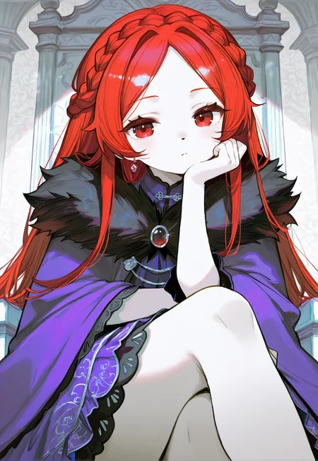 masterpiece, best quality, amazing quality, very aesthetic, absurdres, newest, cvle01, CHOo1NE_illu, nistyle,
BREAK,
1girl, solo, flowing red hair, princess crown braid, pale skin, ornate purple gown, furry lined clothing, scintillating jewel clothes, sitting, legs crossed, head rest, looking at viewer,
BREAK, royal background, black and white throne room, throne, daylight, rays of light, two-tone background, clean lines, cold color theme, depth of field, detailed background, highly detailed, evocative composition