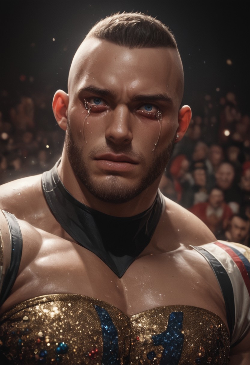 score_9, score_8_up, score_7_up, score_6_up, score_5_up, score_4_up, head shot portrait, heavy muscular guy wearing a gliterring embroidered leotard, very large pectoral, standing, circus background, tears, sequins, shinny skin, ((tears))