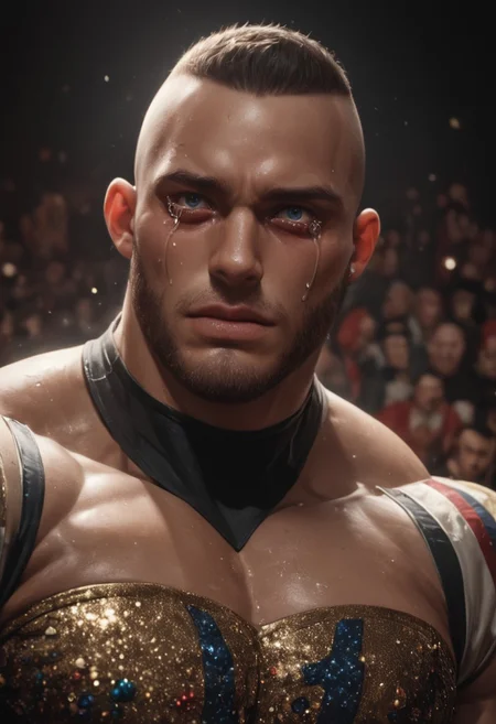 score_9, score_8_up, score_7_up, score_6_up, score_5_up, score_4_up, head shot portrait, heavy muscular guy wearing a gliterring embroidered leotard, very large pectoral, standing, circus background, tears, sequins, shinny skin, ((tears))
