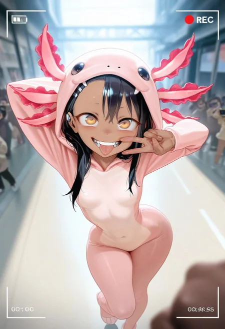 masterpiece, best quality, very aesthetic, absurdres, Detailed face, 8k, Ultra_HD, (detailed background:1.1), 1=2, face closeup, from above, zoom on face, rec, recording frame, photograph,
solo, 1girl, Hayase Nagatoro, petite, beautiful, perfect eyes, (golden eyes:1.1), dark skin, black hair, long hair, tanned skin, tanline, hourglass figure, animal costume, axolotl onesie, skindentation, skinny body, small breasts, short girl, intense gaze, really happy, jocking expression, wide eyes, in front of viewer, face close to the lens, pov, posing, original pose, complex pose, jumping, make a face, teeth, tongue out, one finger under eyelid, very flexible, v sign, wide hips, narrow waist, looking at viewer, puffy lips, detailed background, blurry background, comiket, crowded place,