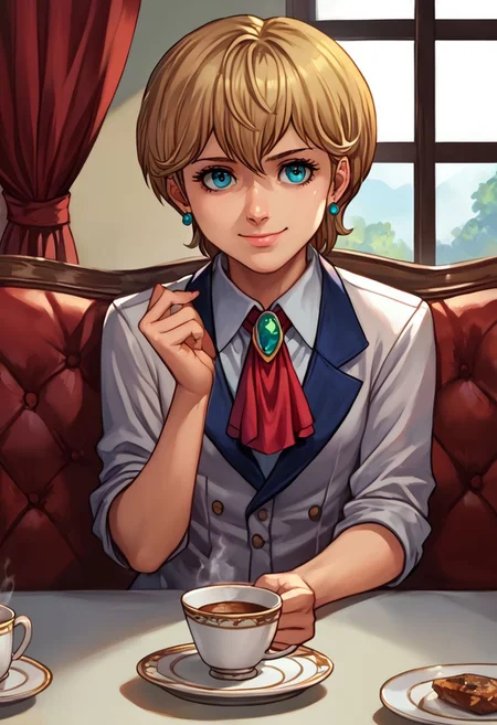 score_9, score_8_up, score_7_up, source_anime,
, (best quality) , (highly detailed) ,masterpiece ,absurdres ,detailed face ,beautiful face ,
<lora:pony_xl_Hildegard:0.8>,Hildegard,score_9,score_8_up,1girl,female,kawaii,solo,short hair,earrings,suit,white collared shirt,ascot,brooch,upper_body,looking_at_viewer,smile,closed mouth,sitting,couch,table,window_,curtains,stretching your spine,cup,teacup,saucer,parody,
OverallDetail