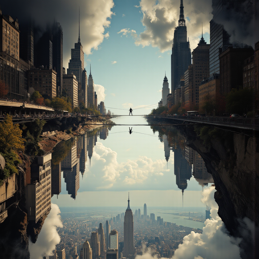 <lora:lora-DuoTone, Bleaked White_trained:1>A vast, surreal cityscape divided into two mirrored halvesâone oriented upright, the other invertedâsuspended in perfect gravitational symmetry. Between these parallel worlds, a solitary figure traverses a thin tightrope stretched across the void, carefully balancing between realms. The cities are mirrored on opposite sides, while the central figure manipulates a single thread that connects both metropolises, suggesting an ability to influence the fabric of reality itself. The scene is contained within a luminous chamber, creating an ethereal display of architectural duality and metaphysical balance.