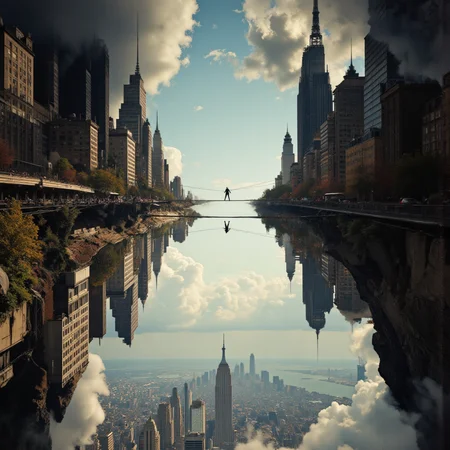 <lora:lora-DuoTone, Bleaked White_trained:1>A vast, surreal cityscape divided into two mirrored halvesâone oriented upright, the other invertedâsuspended in perfect gravitational symmetry. Between these parallel worlds, a solitary figure traverses a thin tightrope stretched across the void, carefully balancing between realms. The cities are mirrored on opposite sides, while the central figure manipulates a single thread that connects both metropolises, suggesting an ability to influence the fabric of reality itself. The scene is contained within a luminous chamber, creating an ethereal display of architectural duality and metaphysical balance.