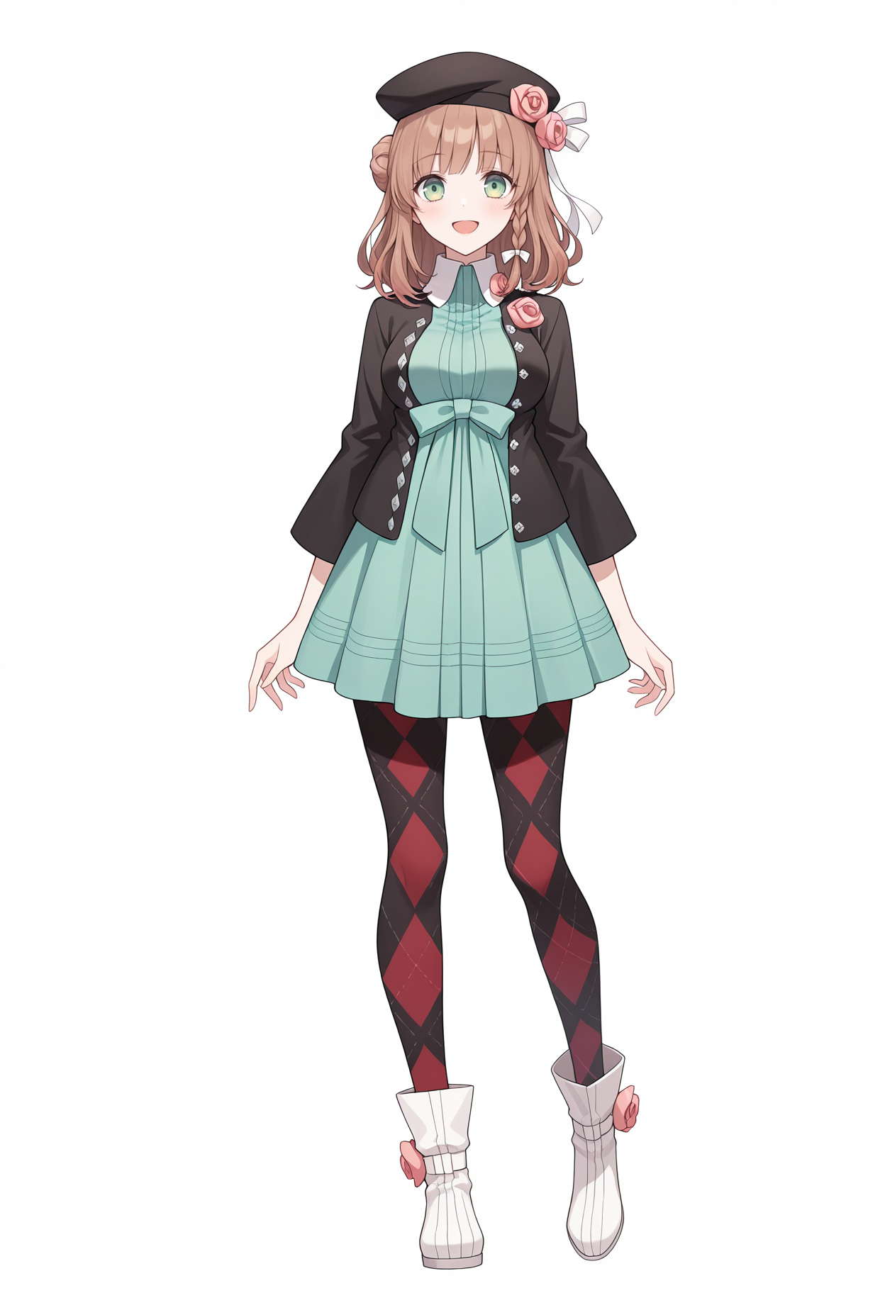 masterpiece,best quality,amazing quality,
<lora:heroine_amnesia_meipaws:1>,
1girl, solo, green eyes, brown hair, side braid, single side bun,
black beret, hat ribbon, white ribbon, hat flower, pink rose, white collar, green dress, dress bow, green bow, black jacket, argyle pantyhose, white boots, ankle boots, medium breasts, long sleeves, black pantyhose, red pantyhose, 
standing, white background, :d, looking at viewer, simple background, full body, arms at sides, straight-on,
