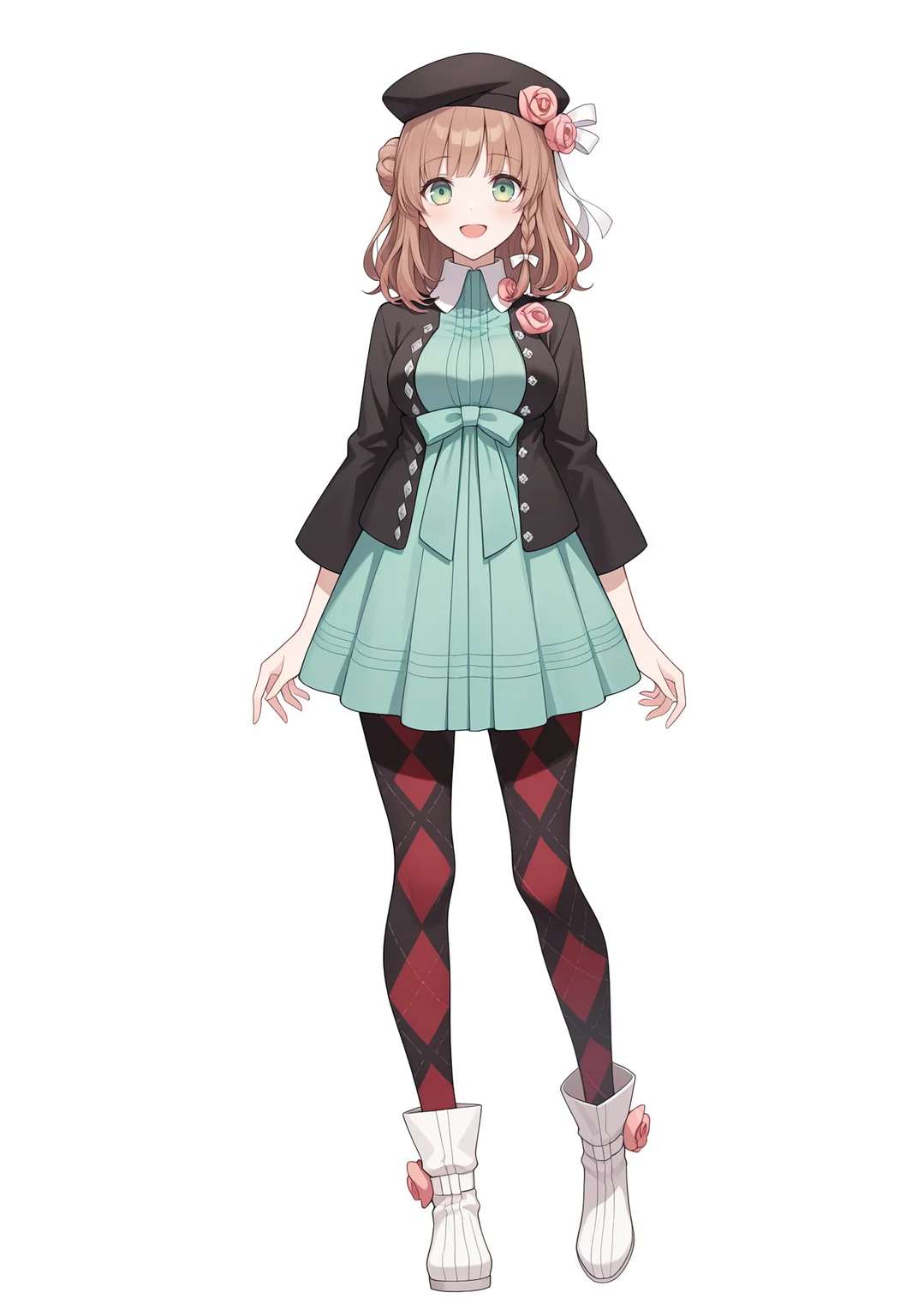masterpiece,best quality,amazing quality,
<lora:heroine_amnesia_meipaws:1>,
1girl, solo, green eyes, brown hair, side braid, single side bun,
black beret, hat ribbon, white ribbon, hat flower, pink rose, white collar, green dress, dress bow, green bow, black jacket, argyle pantyhose, white boots, ankle boots, medium breasts, long sleeves, black pantyhose, red pantyhose,
standing, white background, :d, looking at viewer, simple background, full body, arms at sides, straight-on,