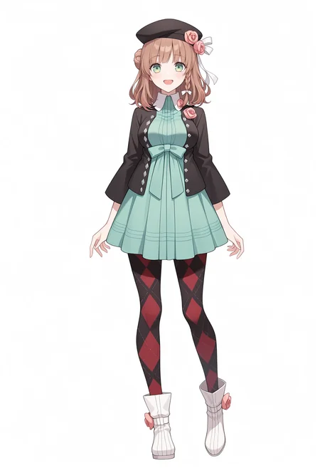 masterpiece,best quality,amazing quality,
<lora:heroine_amnesia_meipaws:1>,
1girl, solo, green eyes, brown hair, side braid, single side bun,
black beret, hat ribbon, white ribbon, hat flower, pink rose, white collar, green dress, dress bow, green bow, black jacket, argyle pantyhose, white boots, ankle boots, medium breasts, long sleeves, black pantyhose, red pantyhose,
standing, white background, :d, looking at viewer, simple background, full body, arms at sides, straight-on,