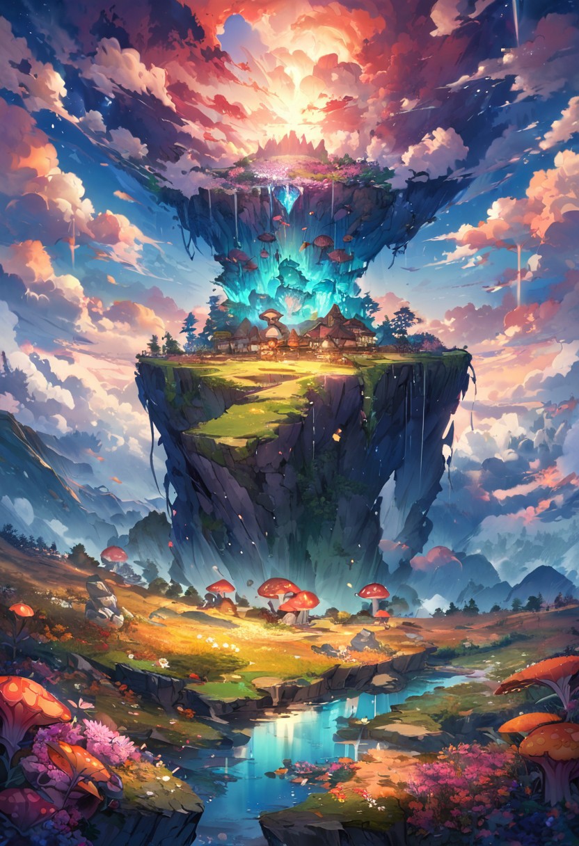 oil matte art, best quality, calm relaxing scenery, beautiful anime landscape, mushroom forest, beautiful digital art, aqua glow, autumn, great reflections, wet, panoramic view, rain, wet, huge wall, on the mountain cliff, detailed rocky cliffs, detailed clouds, reversed fisheye lense, flower field, crystal clear, dark clouds in the background, bokeh, OverallDetail, depth of field, detailed art, expressionism,
extremely detailed, UHD,