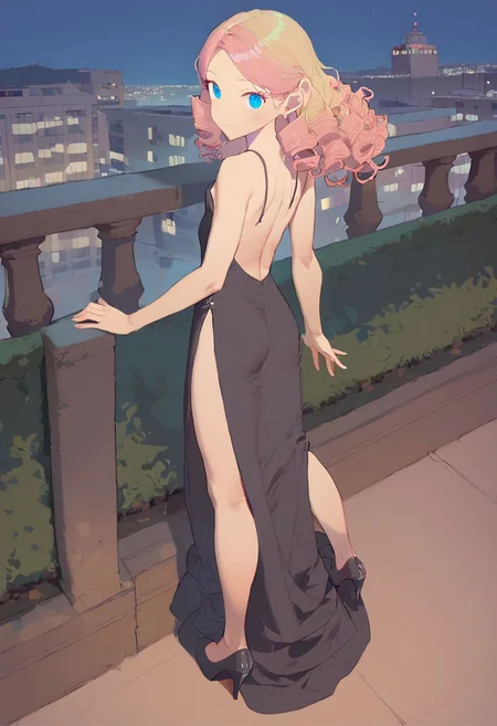 score_9, score_8_up, score_7_up, score_6_up, vivid, vivid colors, colorful, eye catching, rating_explicit, BREAK, cute girl, (adorable girlfriend) (sister), (flat chest), (long legs), (wide hips:0.5), curly hair, blue eyes, blonde to pink hair color gradient, high heels, stilettos, high slit dress, black evening gown, sheer tights, outdoors, Manhattan, Greenwich Village, nighttime, at night, date with your beautiful girlfriend, loving, sweet, (smile:0.5), from above, looking back