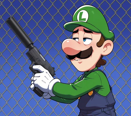 masterpiece, best quality, amazing quality, highres, absurdres,
1boy, adult, solo, meme,
blue background, chain-link fence, standing, character portrait,
luigi, big nose, mustache, overalls, green hat, nintendo,
<lora:George_Constanza_Baseball_Bat_Meme_Illustrious:1> costanza face, skeptical expression, narrowed eyes, smirk, holding object, looking afar, holding pistol, long barrel, silencer, suppressor,