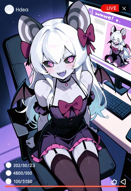 1boy, small eyes, black sclera, purple eyes, without pupils, color skin, grey skin, bat ears, bat wings, claws, fangs, long hair, white hair, skinny,
smile, monitor, garter straps, thighhighs, blush, bare shoulders, skirt, computer, hair bow, sitting, livestream, ^ ^, open mouth, dress, keyboard (computer), :d, collarbone, bow,
<lora:BurnCheese2333(eyyy)I-style:1>,burncheese2333, pastel colors,