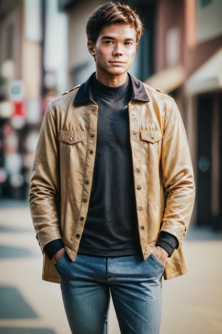 score_9, score_8_up, score_7_up, score_6_up, score_5_up, score_4_up, solo, jacket, realistic, male focus, 1boy, pants, hand in pocket, looking at viewer, short hair, brown hair, standing, long sleeves, cowboy shot <lora:Photo Style LoRA XL:1>