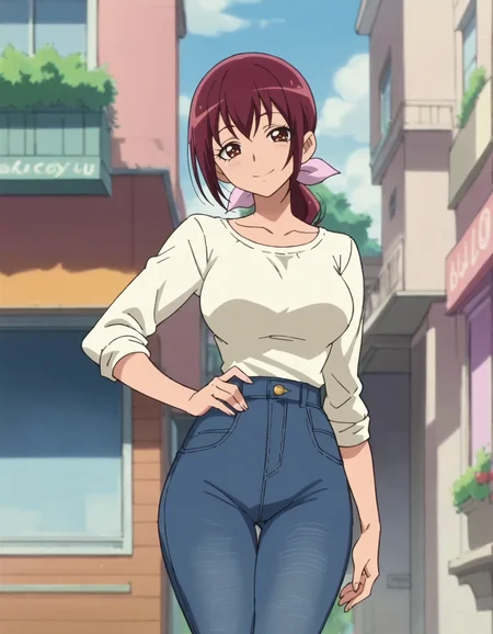 score_9, score_8_up, score_7_up, anime screencap, solo,1girl,hoshizoraikuyo, skirt,long denim pants,hair ribbon, white shirt,looking at viewer,smile, large breasts,wide hip<lora:hoshizoraikuyo_pony:0.8>