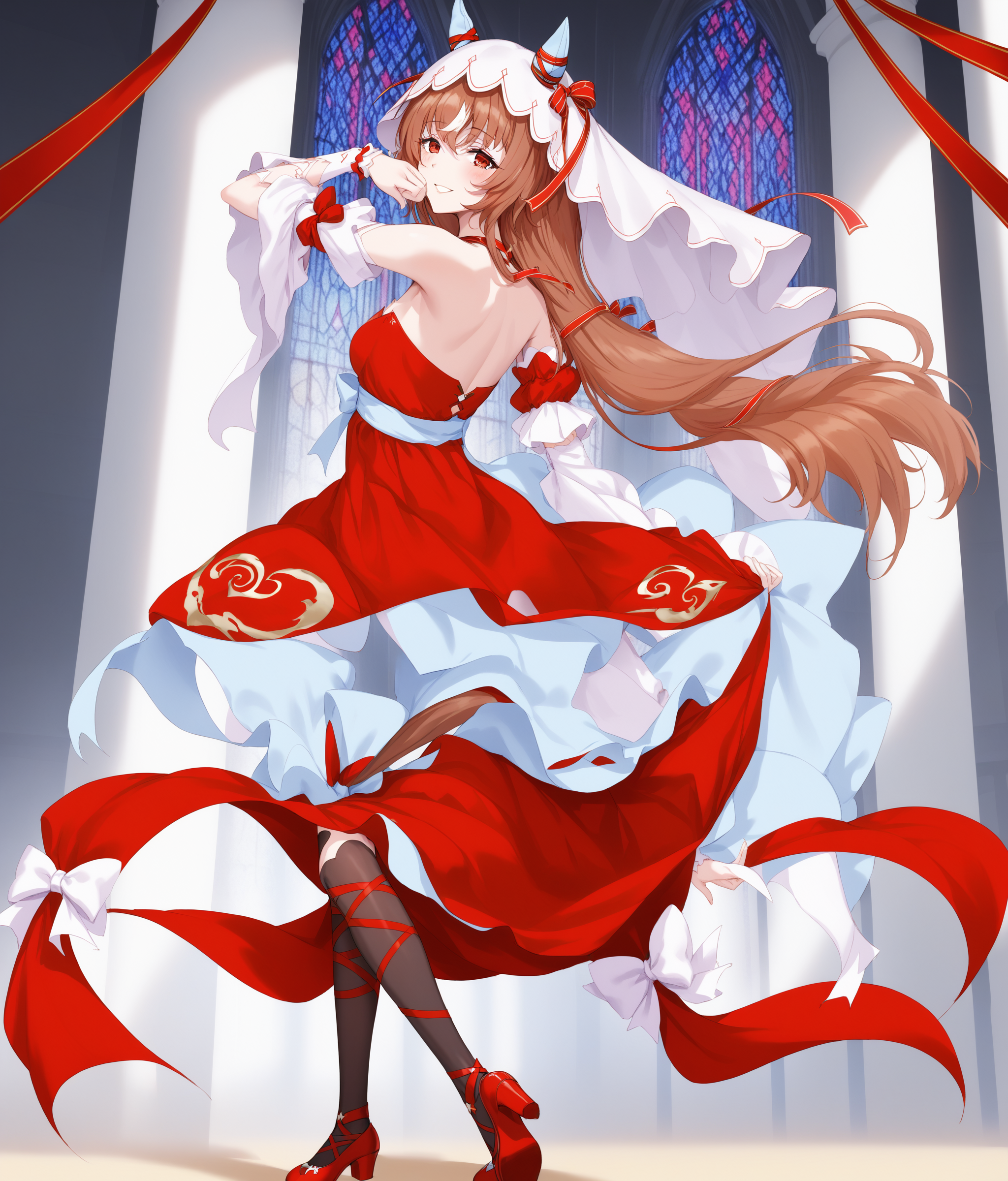 score_9, score_8_up, score_7_up, source_anime, 2D, anime BREAK
masterpiece, highly_detailed, highres, 
church, dark, night, (back, dancing, dynamic pose), 
shobofuku, <lora:StillinLove_v1-ponyXL:0.9>, full body, 
1girl, 17 years old, mature, tall, solo, red eyes, bare shoulders, small breasts, horse ears, horse tail, yandere, yandere trance, 
bangs, eyebrows visible through hair, long brown hair, streaked hair, hair between eyes, hair scrunchie, veil, 
criss-cross halter, red dress, detached sleeves, black thighhighs, ribbon leg wrapping, (red footwear), 
dress bow, ribbon, bow, red bow, jewelry, 
smile, blush,