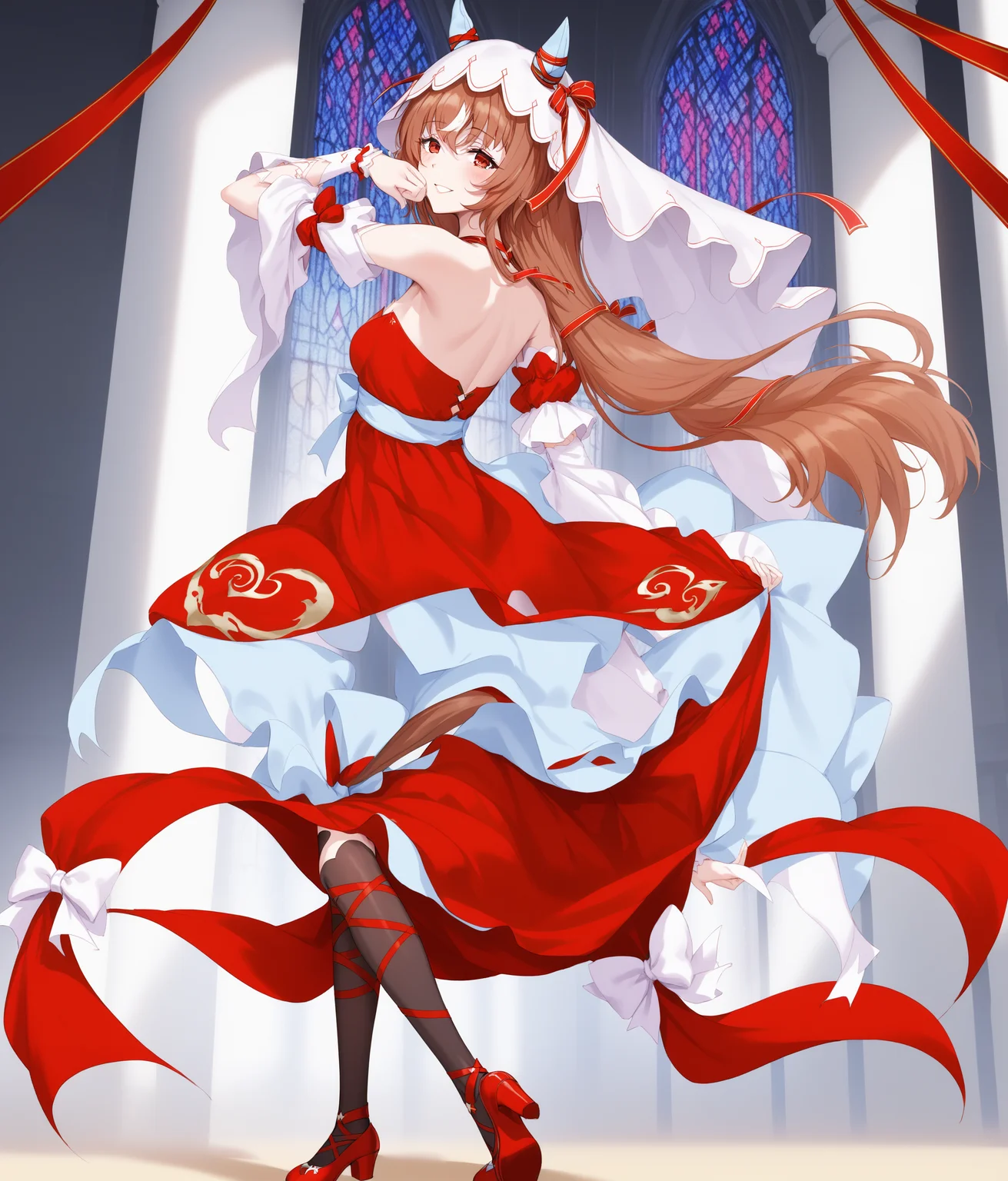 score_9, score_8_up, score_7_up, source_anime, 2D, anime BREAK
masterpiece, highly_detailed, highres,
church, dark, night, (back, dancing, dynamic pose),
shobofuku, <lora:StillinLove_v1-ponyXL:0.9>, full body,
1girl, 17 years old, mature, tall, solo, red eyes, bare shoulders, small breasts, horse ears, horse tail, yandere, yandere trance,
bangs, eyebrows visible through hair, long brown hair, streaked hair, hair between eyes, hair scrunchie, veil,
criss-cross halter, red dress, detached sleeves, black thighhighs, ribbon leg wrapping, (red footwear),
dress bow, ribbon, bow, red bow, jewelry,
smile, blush,
