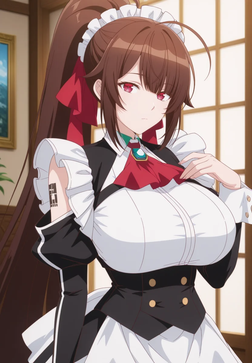 zPDXL3, score_9_up, score_8_up, score_7_up, ,Masterpiece,(perfect female body:1.2), small waist, (incredibly detailed:1.4), beautiful fingers, (large breasts:1.4) huge breasts, looking at viewer, <lora:Amagi_-_Ore_wa_Seikan_Kokka_no_Akutoku_Ryoushu-Kaleid_Illustrious:1> /amagi/, 1girl, very long hair, brown hair, red eyes, ponytail, ahoge, tattoo, hair ribbon, maid headdress, apron