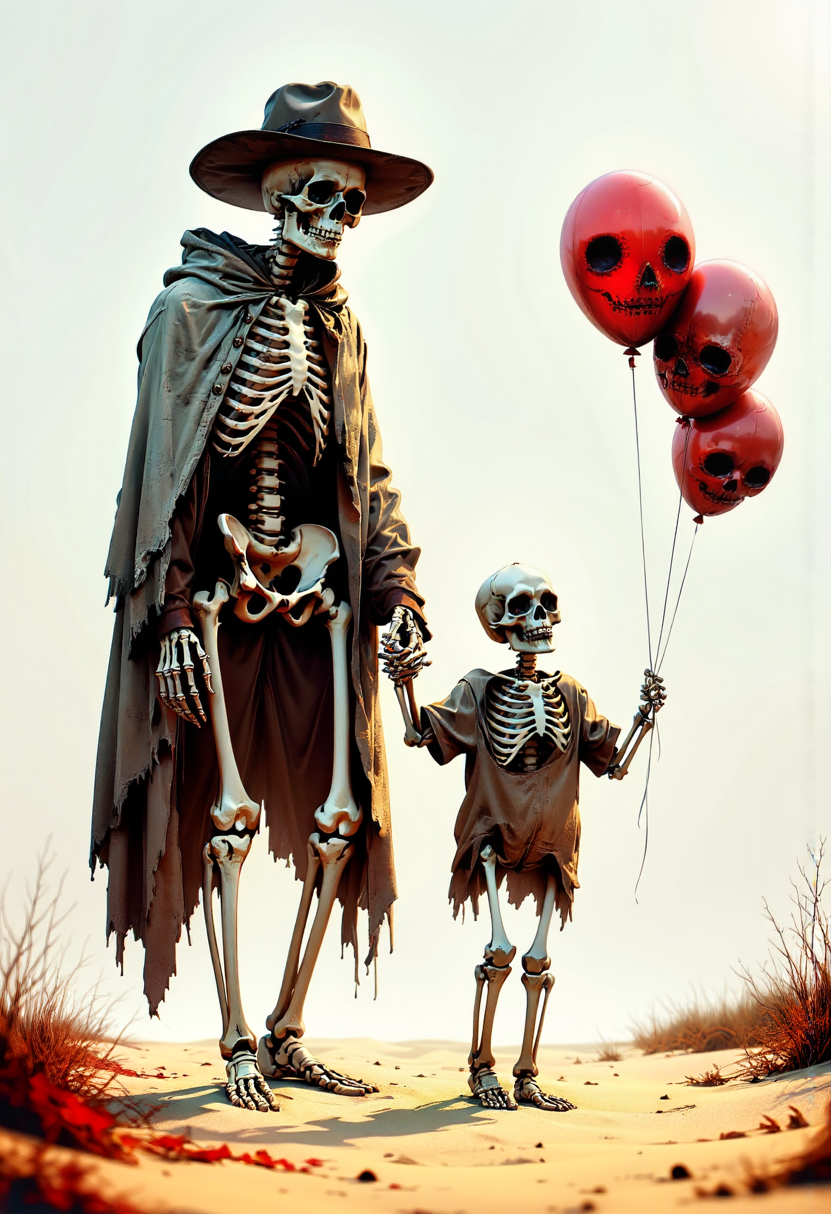 beautiful illustration: A heartwarming and humorous scene of a skeleton father and his small skeleton child walking hand in hand along a sandy beach. The father wears a tattered, grayish-brown cape and a wide-brimmed hat of the same color, his bony fingers gently holding his child's hand. The little skeleton, full of youthful energy, clutches two ‘balloon of death’ in its other hand—a couple of beautiful, small, ominous yet oddly playful balloon shaped like a funny skull. Their skeletal structures are highly detailed, with realistic textures and subtle weathering. Soft, diffused light casts gentle shadows on the sand, creating a warm, nostalgic atmosphere. The beach is a pale beige, yellow, crimson red and orange, with scattered dried foliage adding to the serene yet surreal setting. The composition balances whimsy and tenderness, capturing a father-child bond in a delightfully eerie yet charming way. The image has a dreamlike, slightly melancholic aesthetic with photorealistic textures and a shallow depth of field that blurs the background subtly