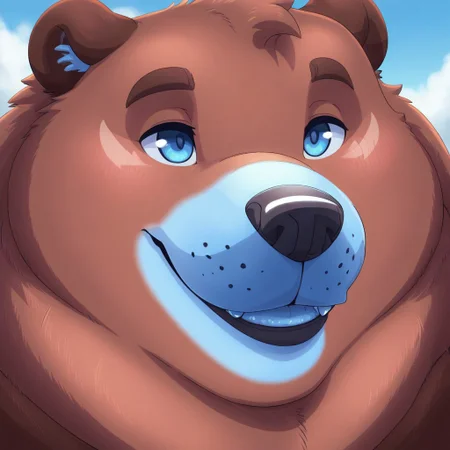 masterpiece, detailed background, best quality, absurd res, high detail, aesthetic, smooth drawing, Bjorn, bara anthro bear, blue eyes, blush, solo, 1boy, smile, face focus, close-up,