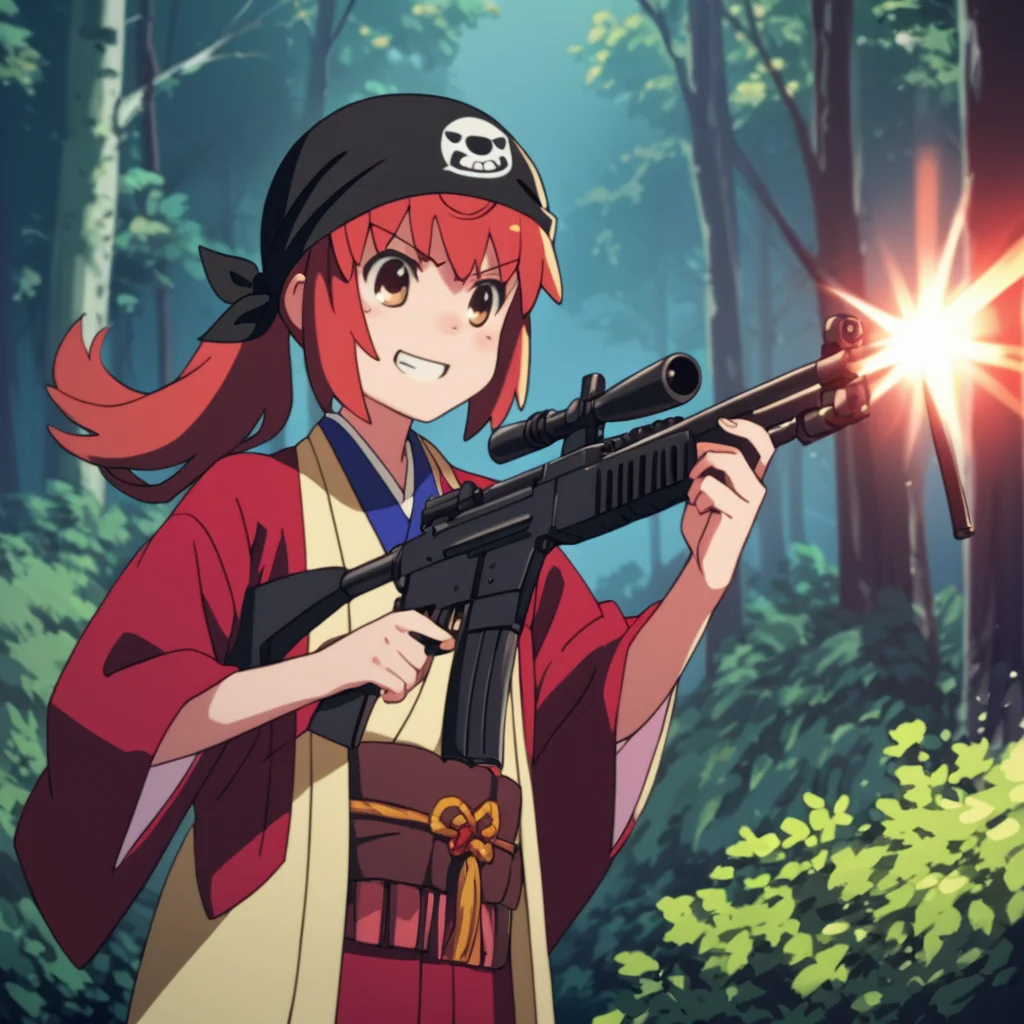 score_9, score_8_up, score_7_up, <lora:Buratei_Marii_v1:0.8> buratei_marii, red haori, yellow kimono, ponytail, machine gun, bandolier, forest, night, shoot, muzzle flash, smirk, bandana,